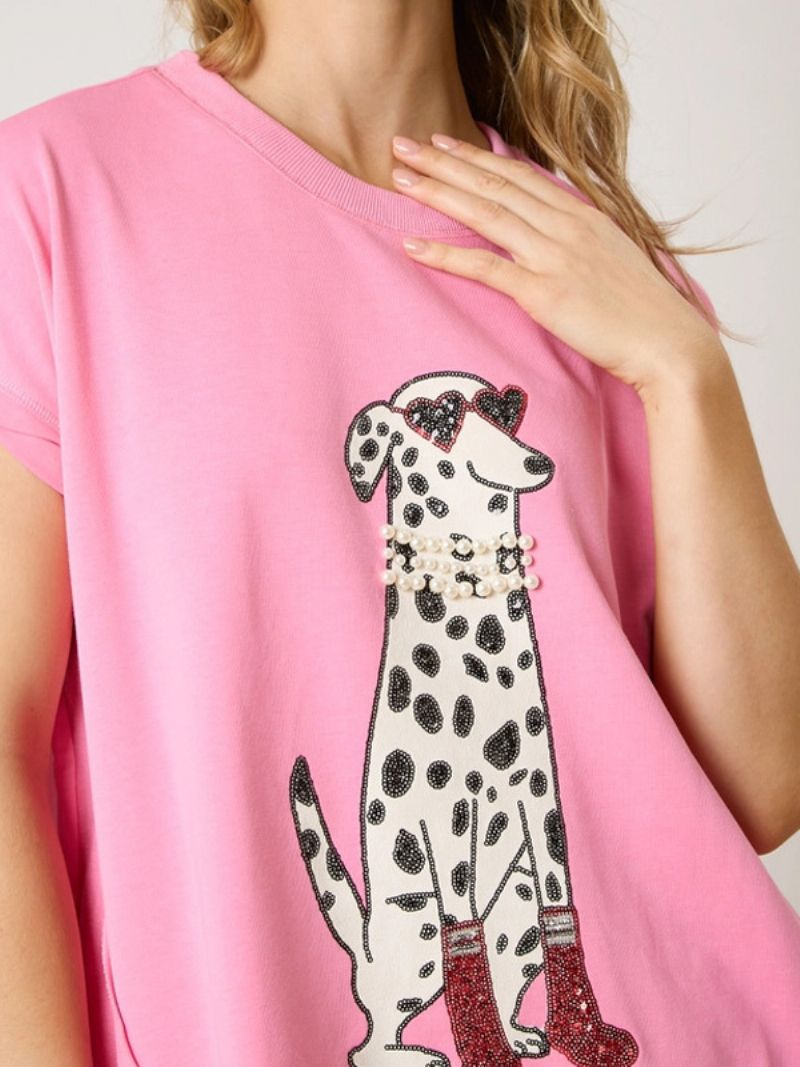 Ærmeløse T-shirts Pink Dyreprint Blomsterprint Oversized Pailletter Juvelhals Polyester Dame-t-shirt - Pink