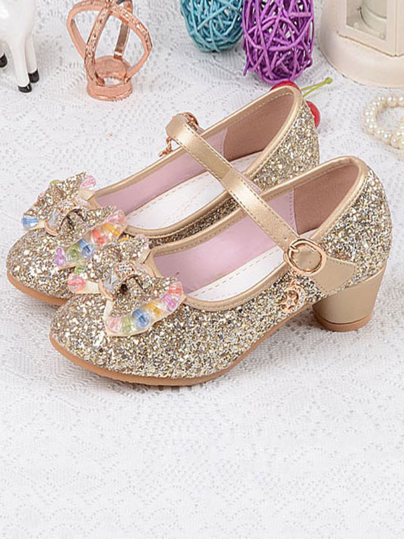 Blomsterpigesko Glitter Sløjfe Mary Jane Chunky Heel Pumps - Guld