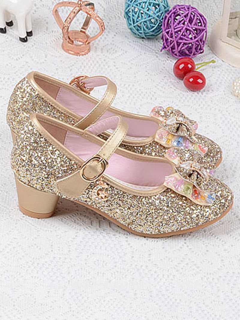 Blomsterpigesko Glitter Sløjfe Mary Jane Chunky Heel Pumps - Guld