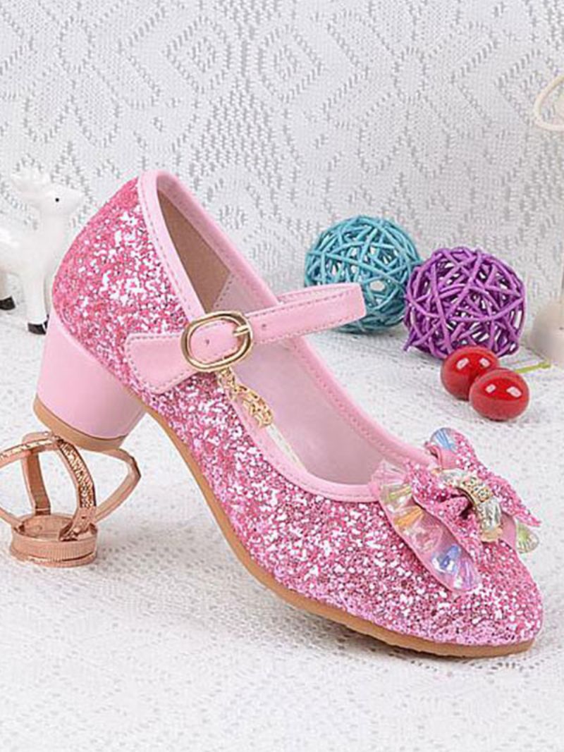 Blomsterpigesko Glitter Sløjfe Mary Jane Chunky Heel Pumps - Pink