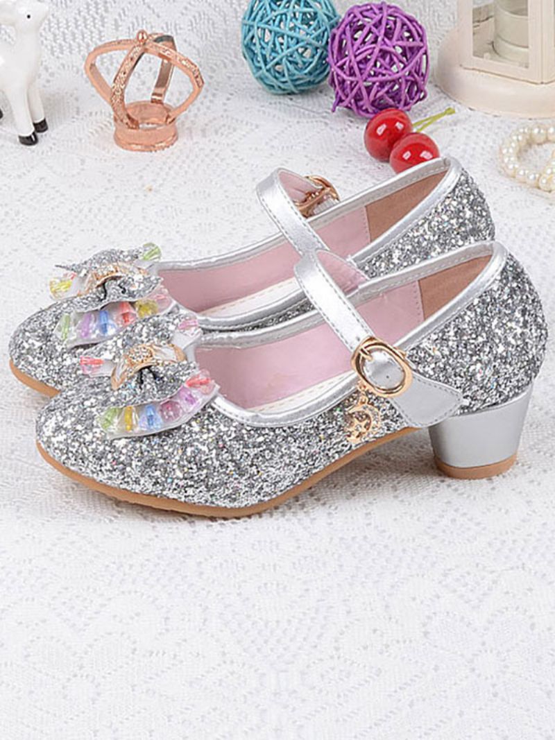 Blomsterpigesko Glitter Sløjfe Mary Jane Chunky Heel Pumps - Sølv