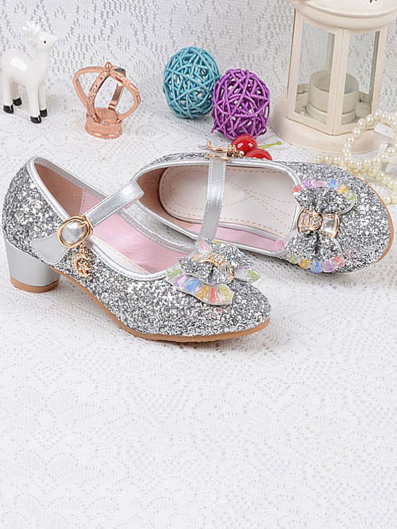 Blomsterpigesko Glitter Sløjfe Mary Jane Chunky Heel Pumps - Sølv