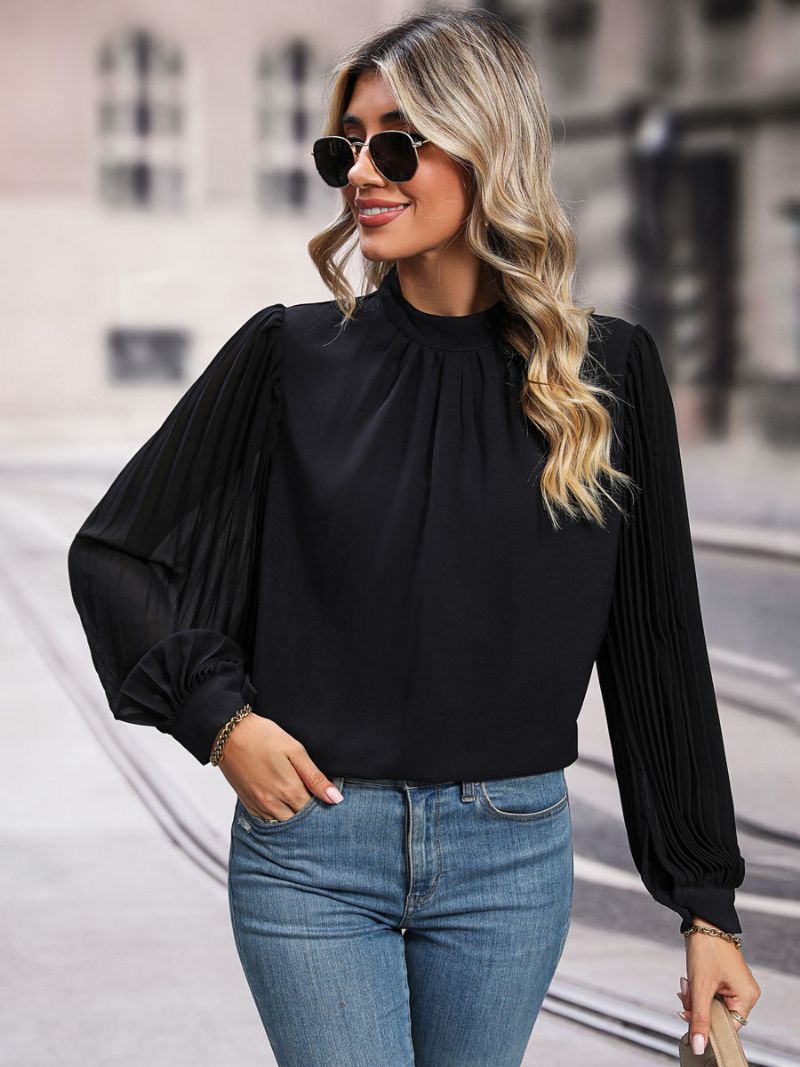 Bluse Sort Crewneck Elegante Langærmede Toppe Til Damer