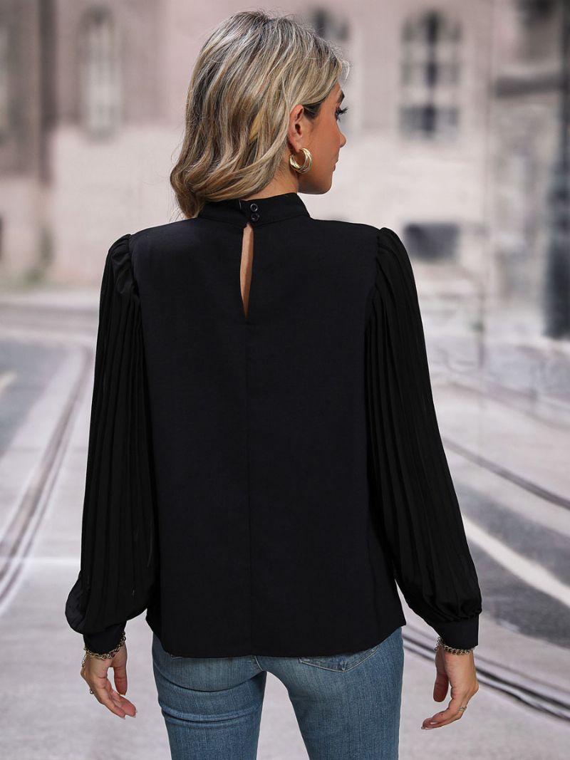 Bluse Sort Crewneck Elegante Langærmede Toppe Til Damer - Sort