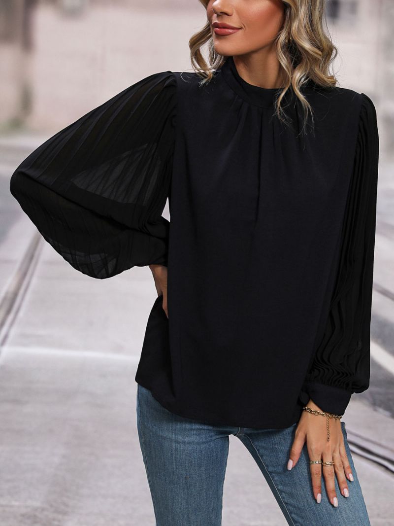 Bluse Sort Crewneck Elegante Langærmede Toppe Til Damer - Sort