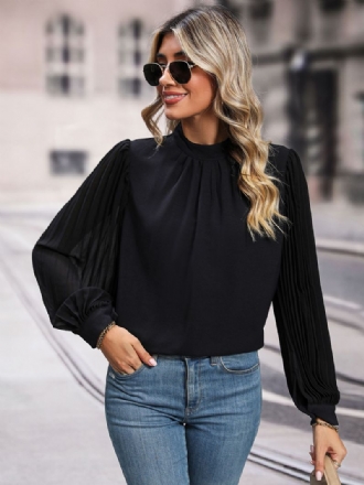 Bluse Sort Crewneck Elegante Langærmede Toppe Til Damer