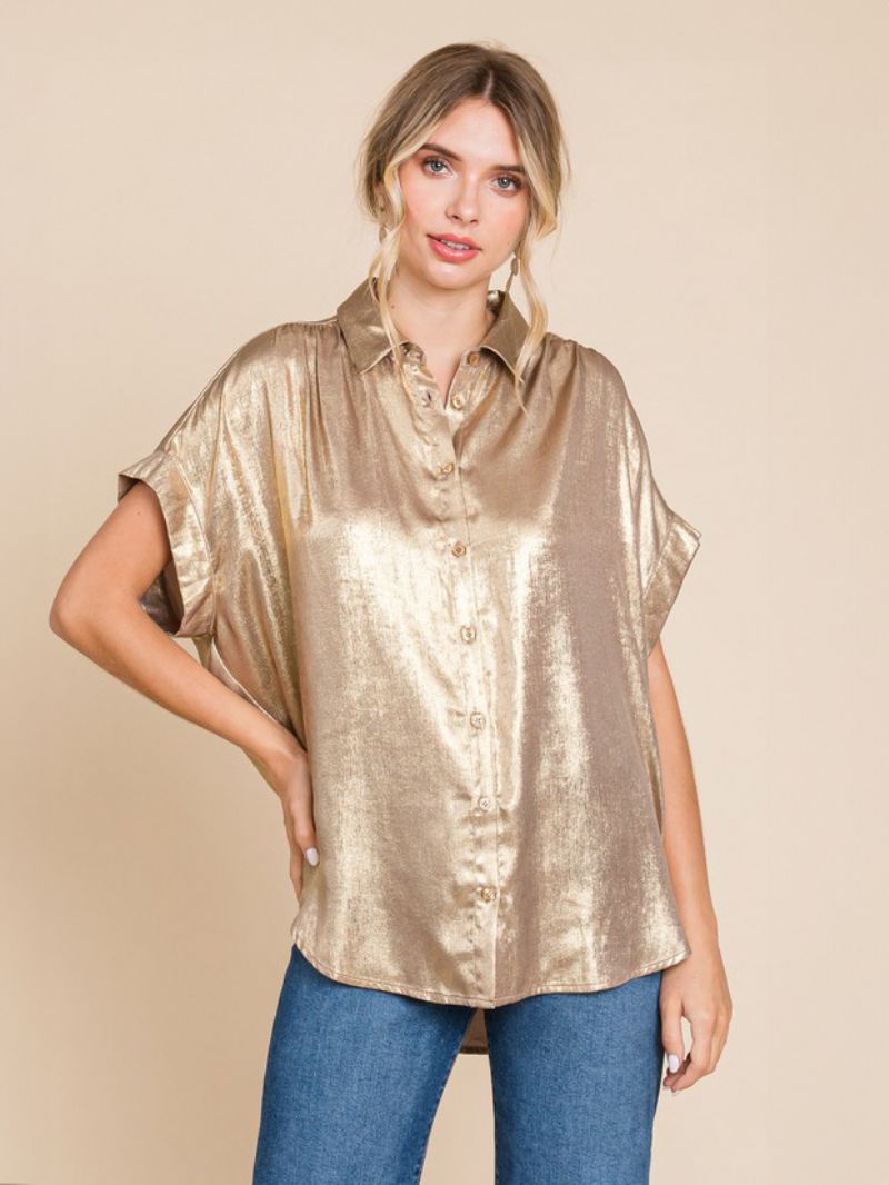 Bluse Til Kvinder Hvid Oversized Plisseret Turndown Krave Casual Korte Ærmer Polyester Toppe - Guld