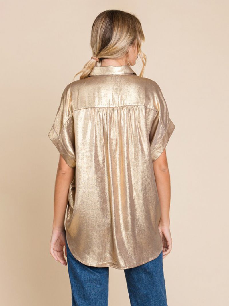 Bluse Til Kvinder Hvid Oversized Plisseret Turndown Krave Casual Korte Ærmer Polyester Toppe - Guld