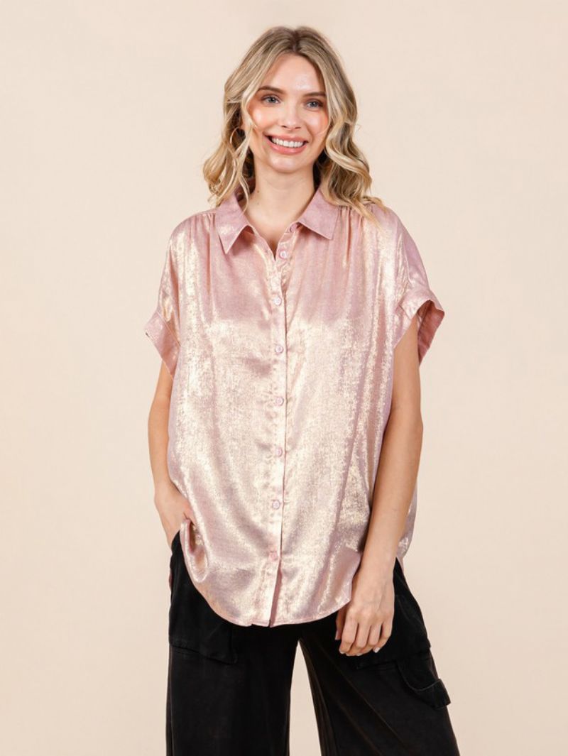 Bluse Til Kvinder Hvid Oversized Plisseret Turndown Krave Casual Korte Ærmer Polyester Toppe - Pink