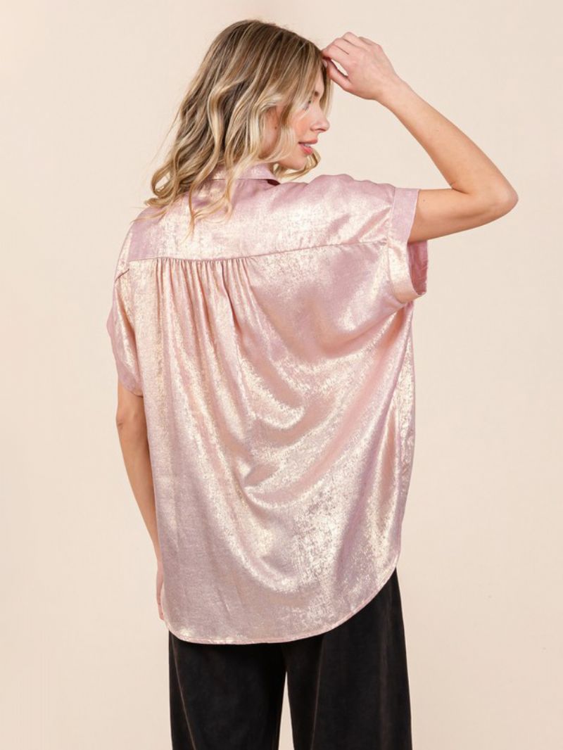 Bluse Til Kvinder Hvid Oversized Plisseret Turndown Krave Casual Korte Ærmer Polyester Toppe - Pink