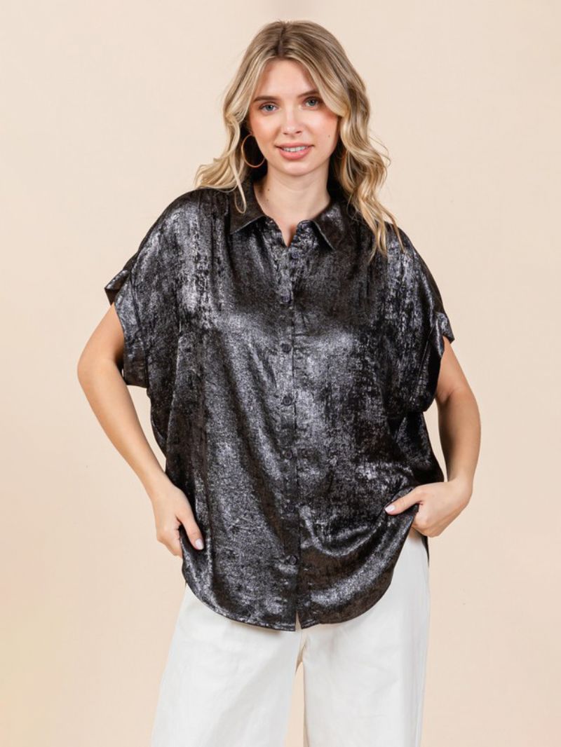 Bluse Til Kvinder Hvid Oversized Plisseret Turndown Krave Casual Korte Ærmer Polyester Toppe - Sort