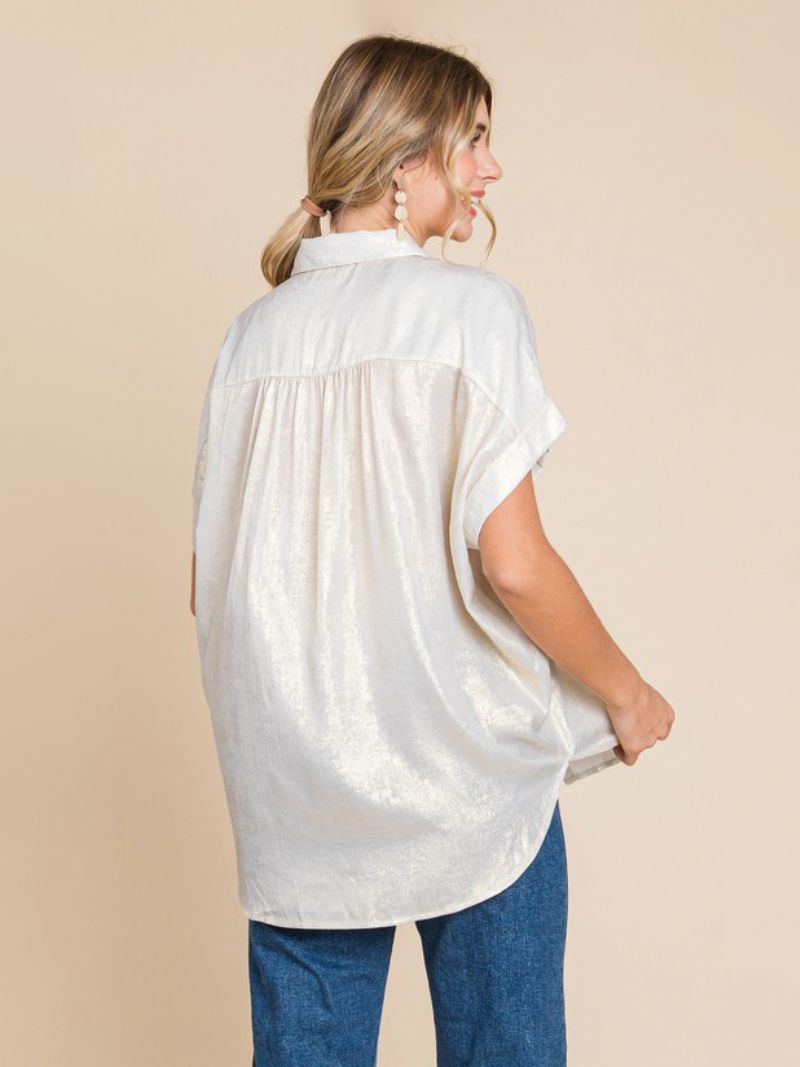 Bluse Til Kvinder Hvid Oversized Plisseret Turndown Krave Casual Korte Ærmer Polyester Toppe - Hvid