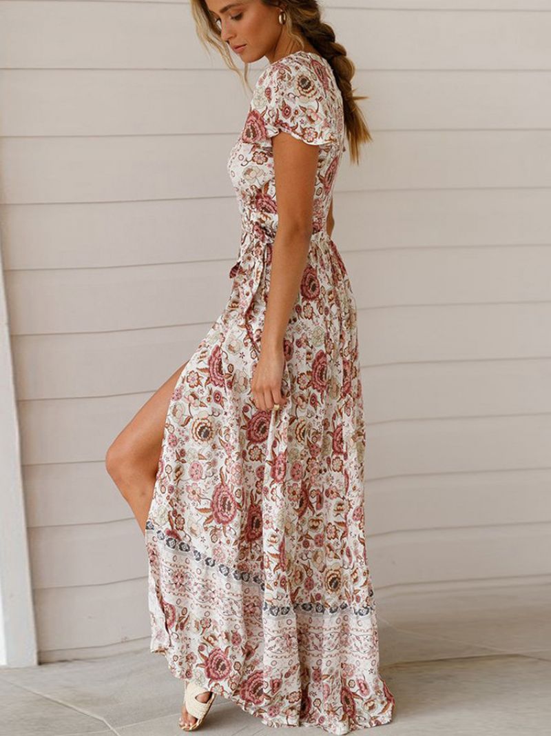 Bohemian Kjoler Kvinder Summer Tea Dress V-hals Kortærmede Blomsterprint Split Beach - Hvid