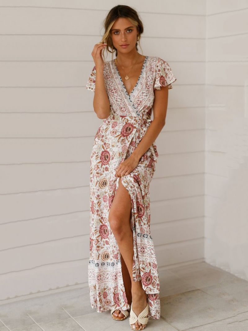 Bohemian Kjoler Kvinder Summer Tea Dress V-hals Kortærmede Blomsterprint Split Beach - Hvid