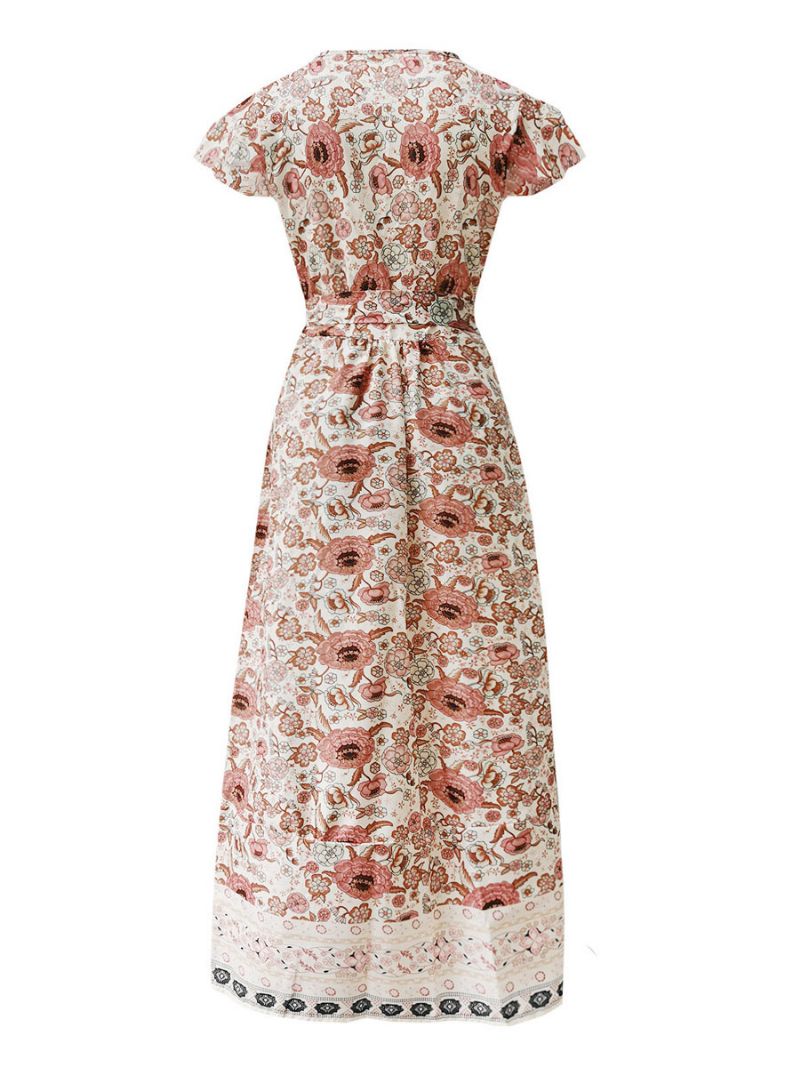 Bohemian Kjoler Kvinder Summer Tea Dress V-hals Kortærmede Blomsterprint Split Beach - Hvid