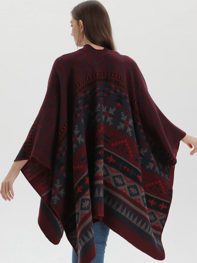 Bohemian Kvinders Kap Geometrisk Oversized Efterår Vinter Poncho - Burgunder