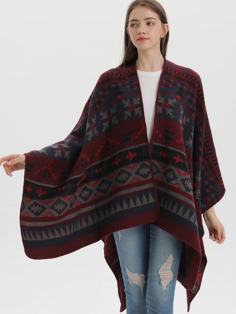 Bohemian Kvinders Kap Geometrisk Oversized Efterår Vinter Poncho - Burgunder