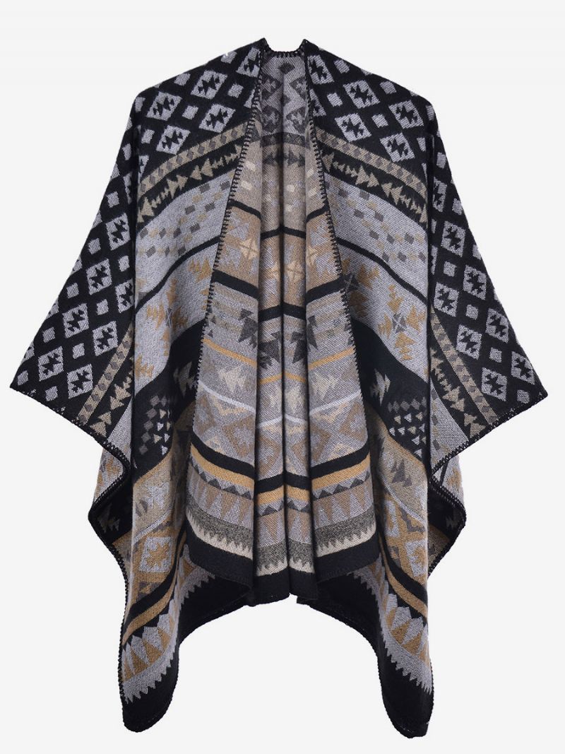 Bohemian Kvinders Kap Geometrisk Oversized Efterår Vinter Poncho - Sort