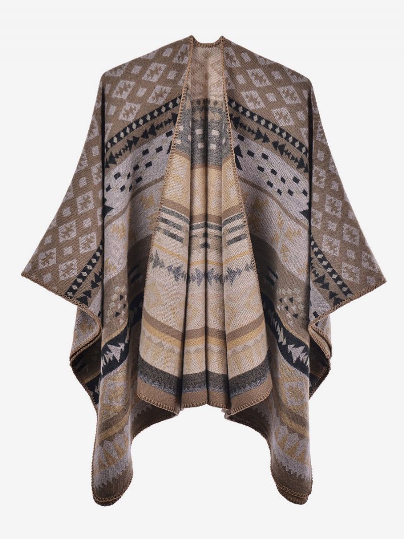 Bohemian Kvinders Kap Geometrisk Oversized Efterår Vinter Poncho - Khaki