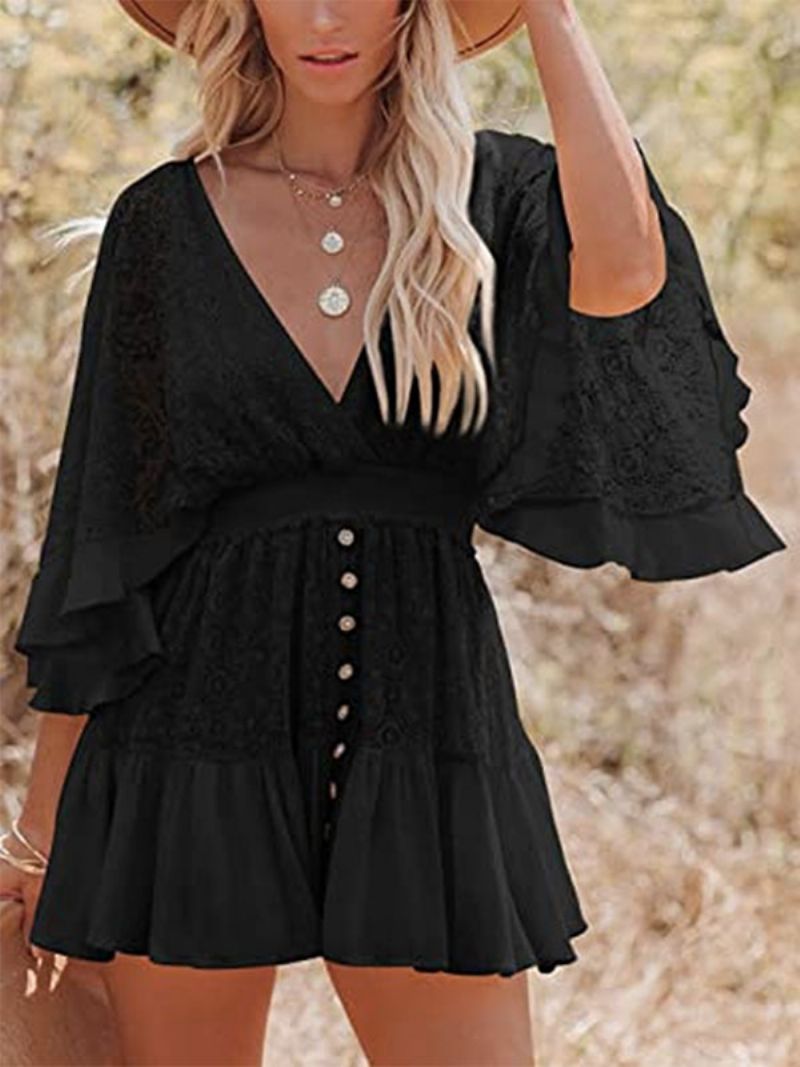 Boho Kjole Blonde V-hals Batwing Hvid Flare Mini Til Damer - Sort