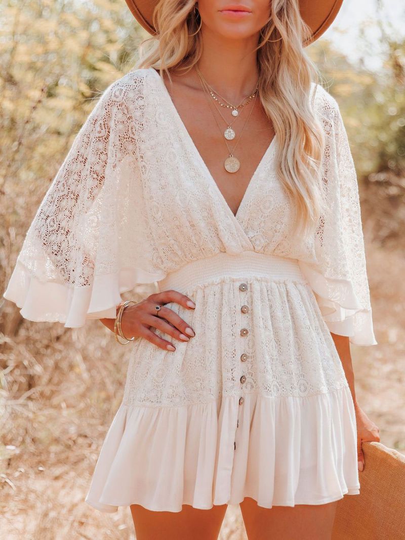 Boho Kjole Blonde V-hals Batwing Hvid Flare Mini Til Damer - Hvid