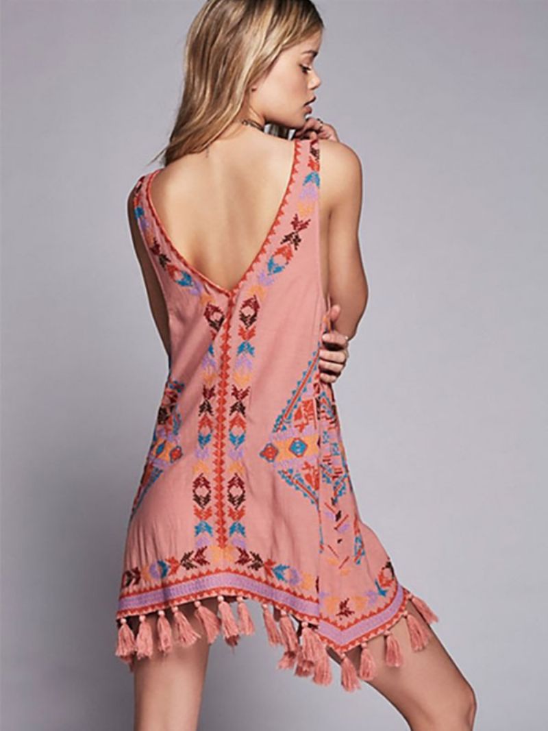 Boho Kjole Broderet Pink V-hals Ærmeløs Bohemian Gypsy Beach Vacation Sommer Kort Tank Til Kvinder - Pink