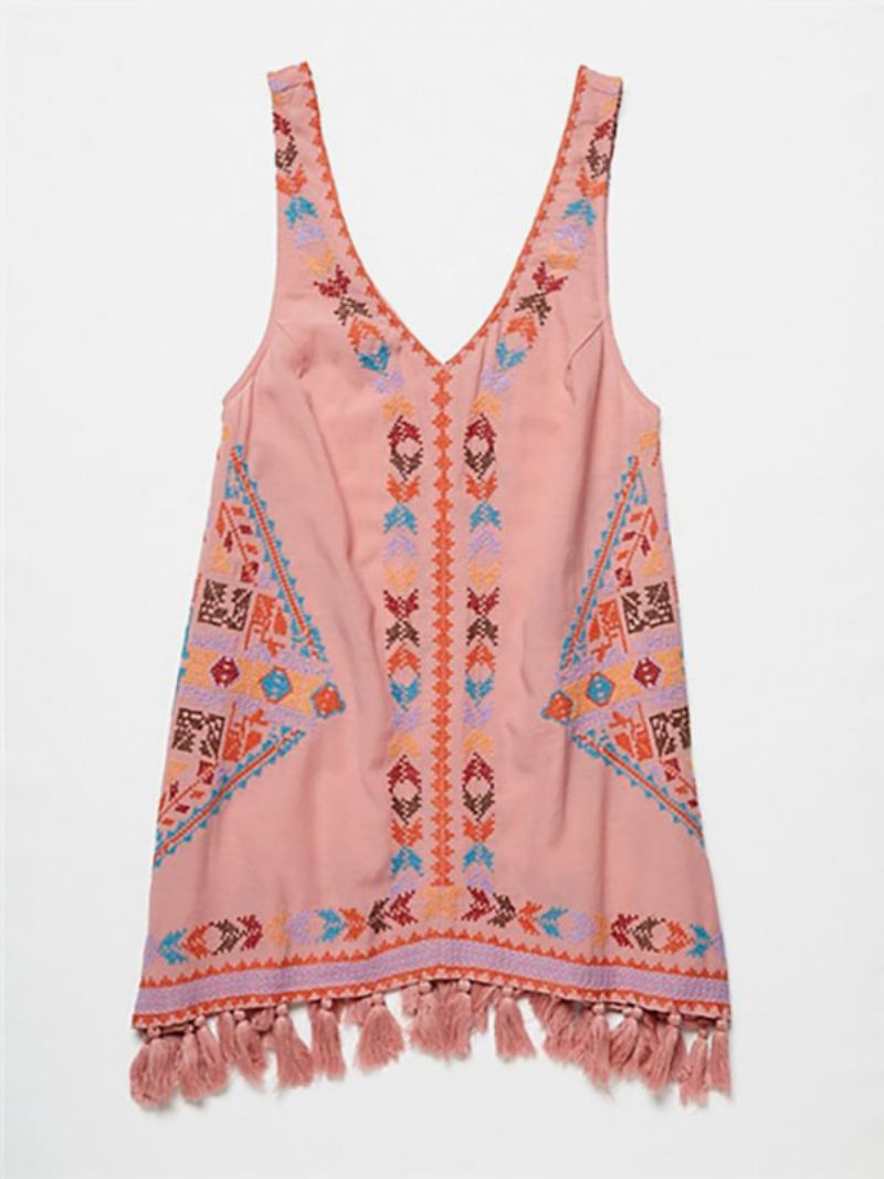 Boho Kjole Broderet Pink V-hals Ærmeløs Bohemian Gypsy Beach Vacation Sommer Kort Tank Til Kvinder - Pink