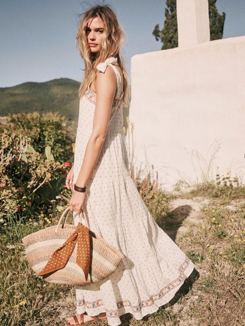 Boho Kjole Hvid Ærmeløs Bohemian Gypsy Beach Ferie Sommer Maxi Slip Shift Til Kvinder - Hvid