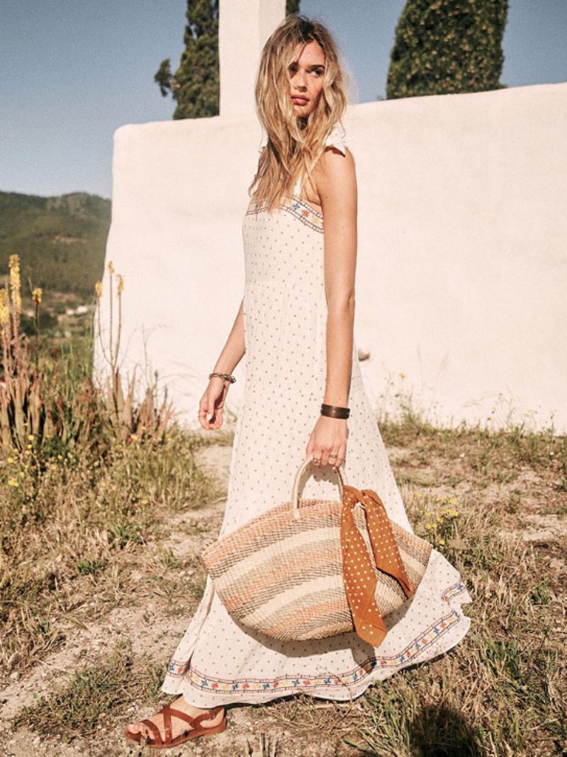 Boho Kjole Hvid Ærmeløs Bohemian Gypsy Beach Ferie Sommer Maxi Slip Shift Til Kvinder - Hvid