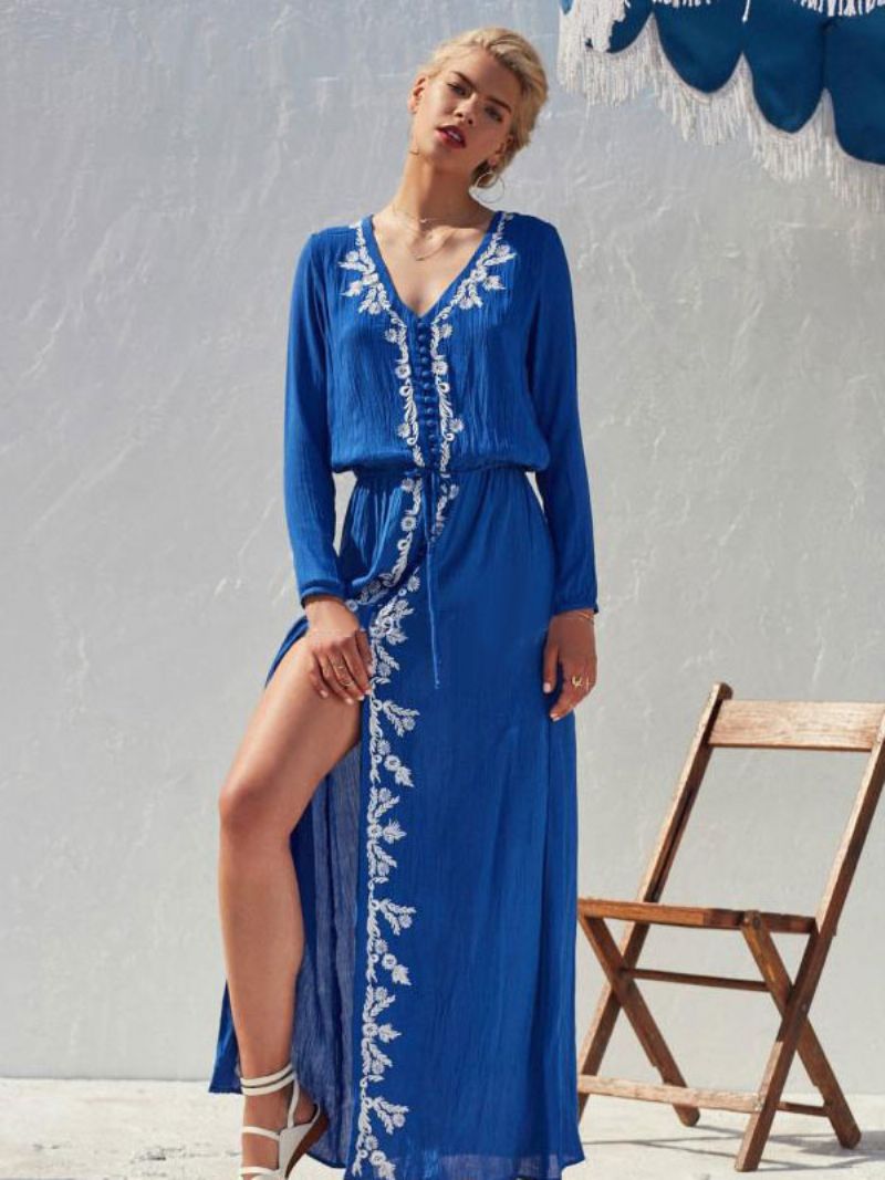 Boho Kjole Lys Himmelblå V-hals Lange Ærmer Høj Split Broderet Bohemian Gypsy Beach Ferie Forår Sommer Lang Til Kvinder