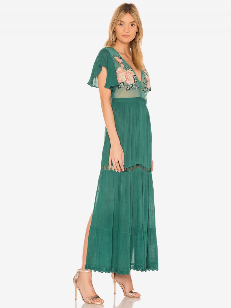 Boho Kjole Lys Pink V-hals Korte Ærmer Broderet Gennemsigtig Bohemian Gypsy Beach Ferie Sommer Maxi Til Kvinder - Grøn