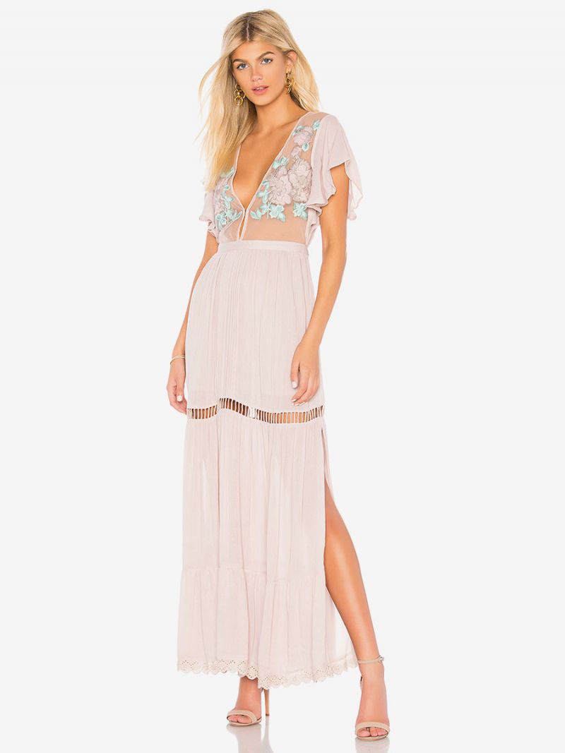 Boho Kjole Lys Pink V-hals Korte Ærmer Broderet Gennemsigtig Bohemian Gypsy Beach Ferie Sommer Maxi Til Kvinder - Lys Pink