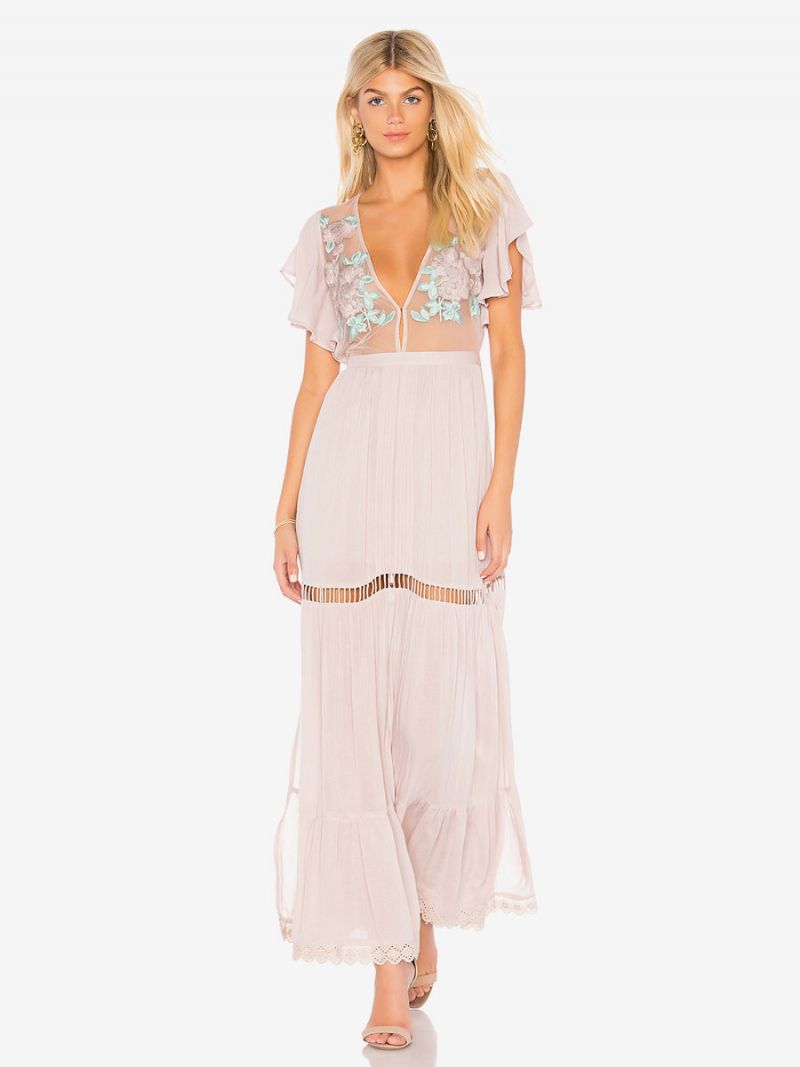 Boho Kjole Lys Pink V-hals Korte Ærmer Broderet Gennemsigtig Bohemian Gypsy Beach Ferie Sommer Maxi Til Kvinder - Lys Pink