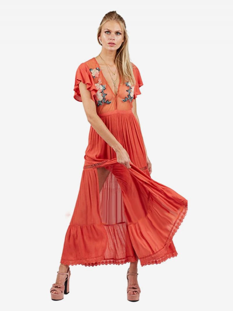 Boho Kjole Lys Pink V-hals Korte Ærmer Broderet Gennemsigtig Bohemian Gypsy Beach Ferie Sommer Maxi Til Kvinder - Orange