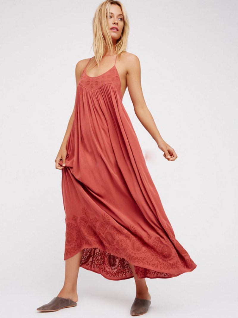 Boho Kjole Stropper Hals Ærmeløs Coral Bohemian Gypsy Beach Ferie Sommer Lang Slip Til Kvinder