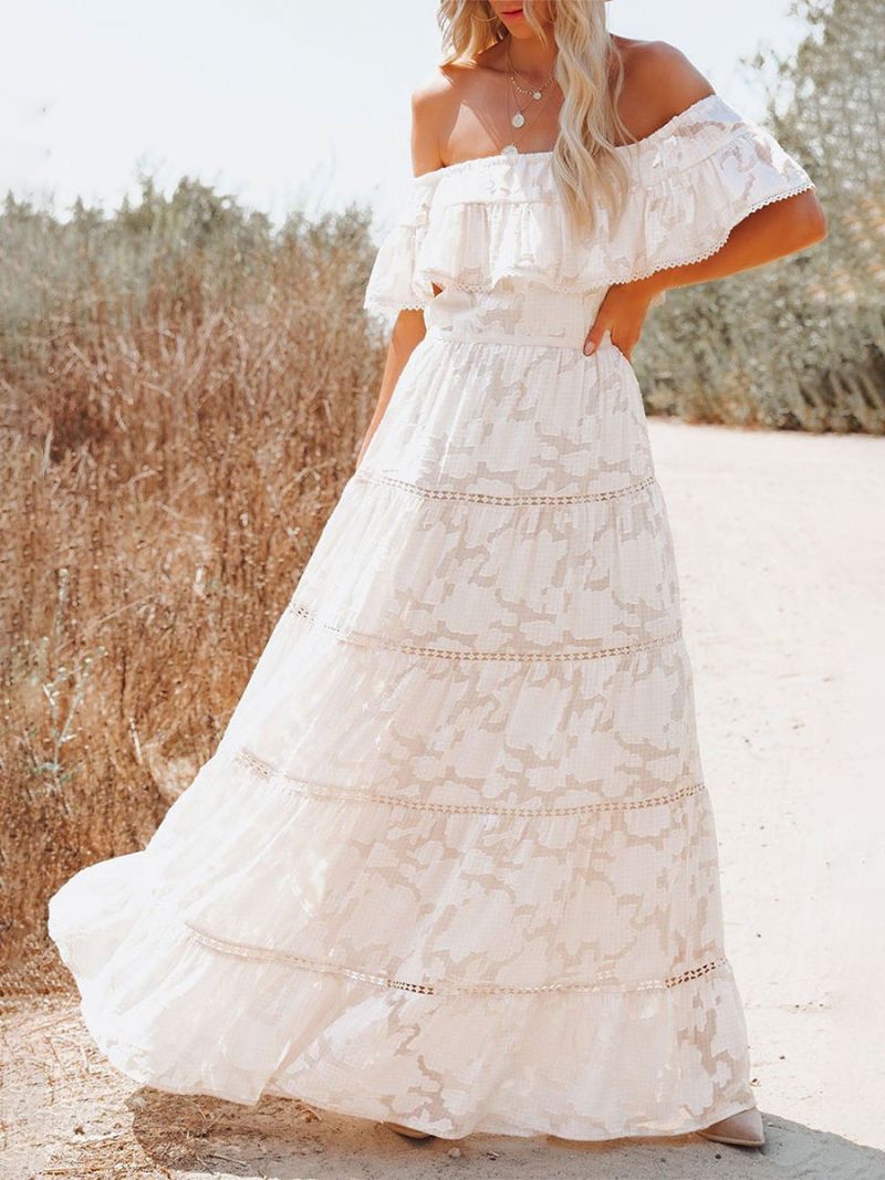 Boho Maxi Dress Off Shoulder White Flower A-line Layered Hem Lang Kjole Til Kvinder - Hvid