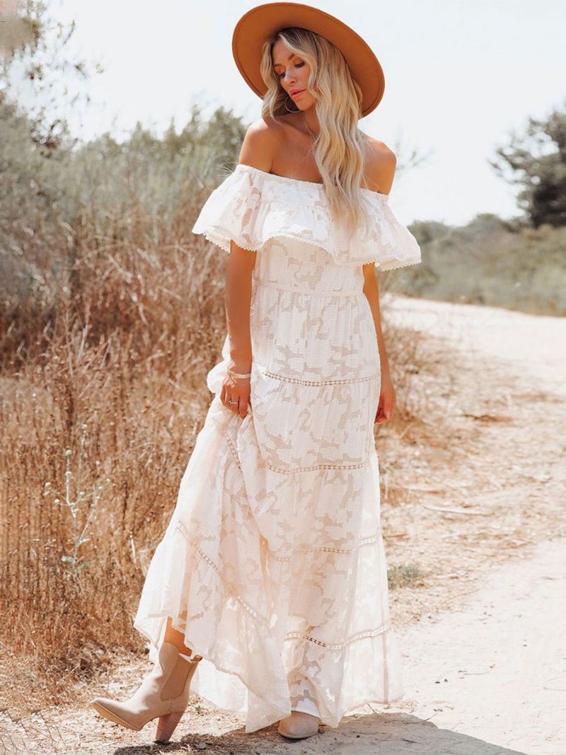 Boho Maxi Dress Off Shoulder White Flower A-line Layered Hem Lang Kjole Til Kvinder - Hvid