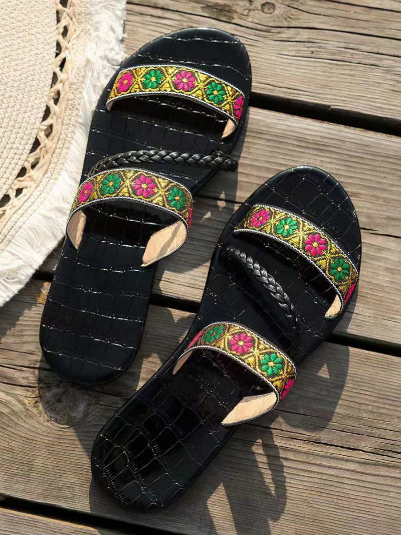 Boho Sandal Slides Kvinder Åben Tå Flade Strandtøfler - Sort