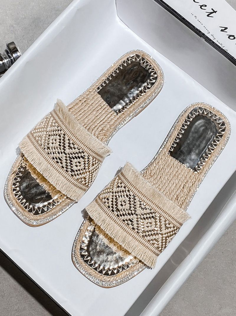 Boho Slide Sandaler Kvinder Chic Fringe Open Toe Sandal Hjemmesko - Lys Lys Gul