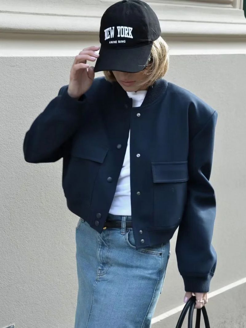 Bomberjakke Casual Street Wear Varsity-jakke Til Kvinder - Mørk Navy