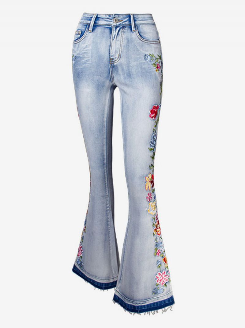 Bootcut-jeans Til Kvinder Mellemhøje Broderede Flare-underdele - Blå