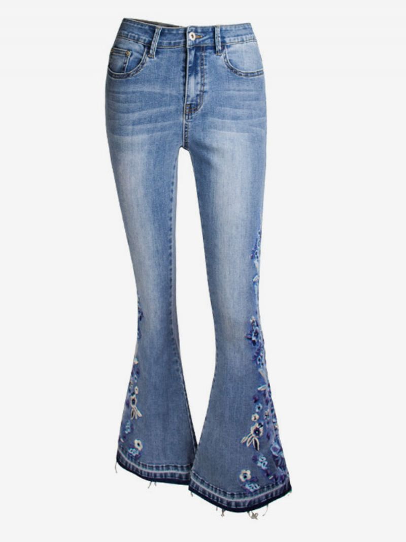 Bootcut Jeans Til Kvinder Vintage Broderede Mellemhøjde Flare Underdele - Blå