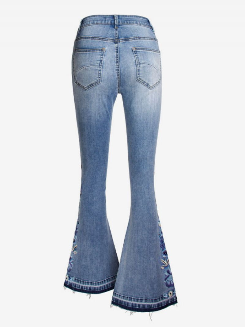 Bootcut Jeans Til Kvinder Vintage Broderede Mellemhøjde Flare Underdele - Blå