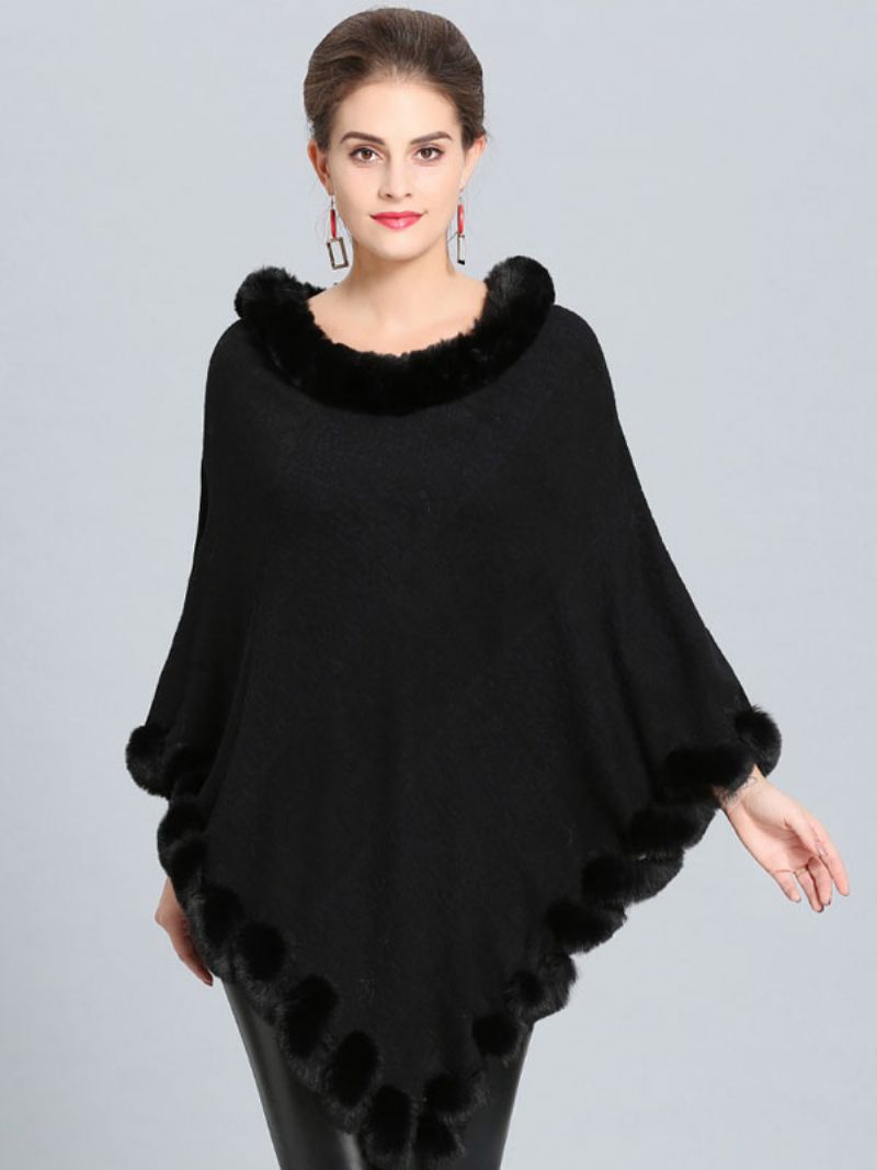 Bourgogne Poncho Fur Hem Cape Spring Overtøj Til Damer - Sort