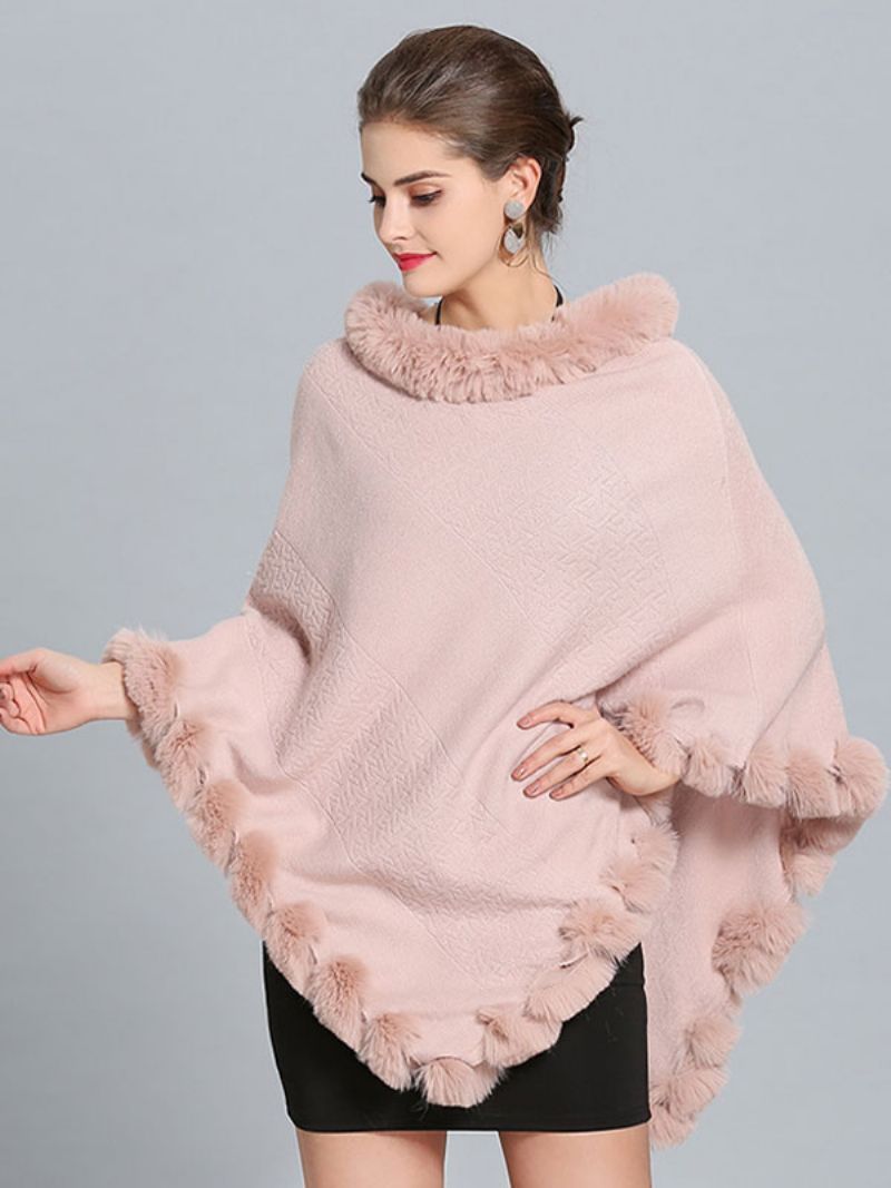 Bourgogne Poncho Fur Hem Cape Spring Overtøj Til Damer - Blød Pink