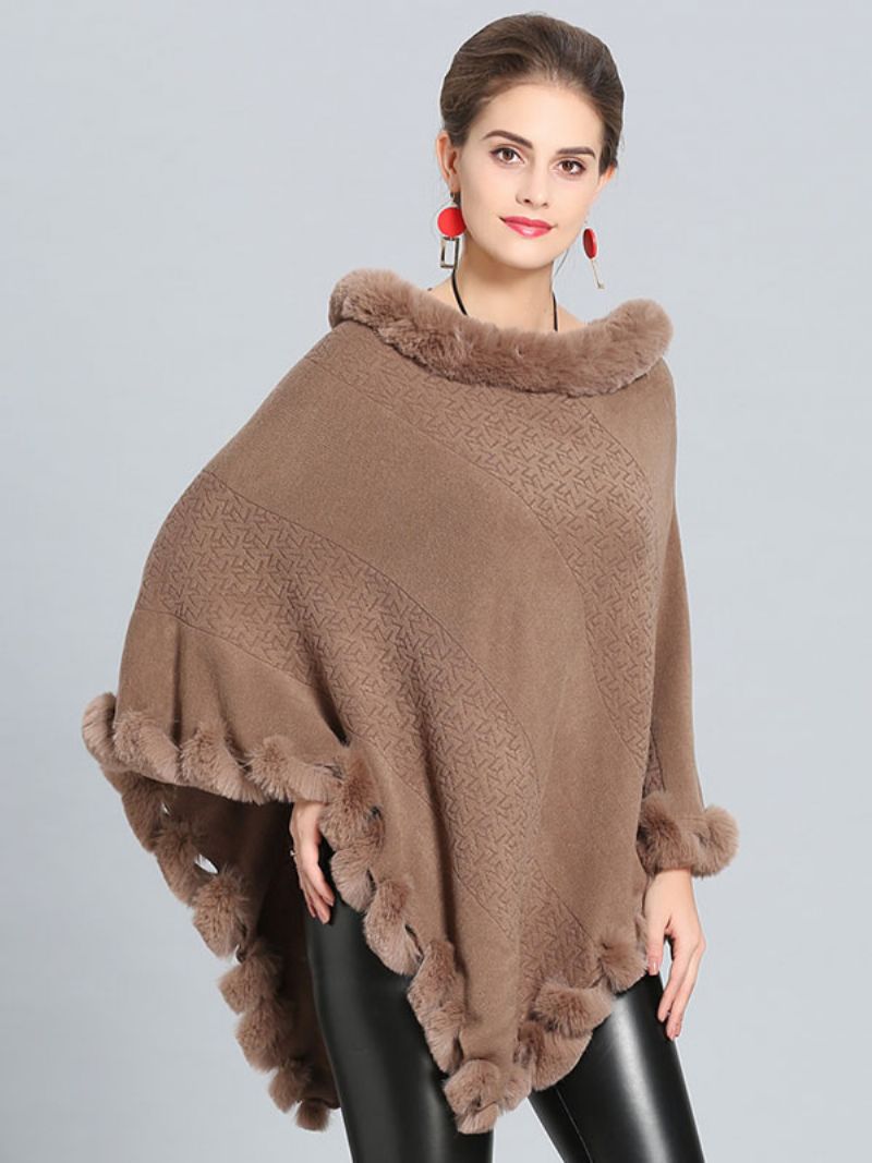 Bourgogne Poncho Fur Hem Cape Spring Overtøj Til Damer - Khaki