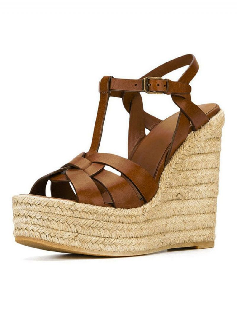 Brown Wedge Sandaler Kvinder Platform Pu Woven T Strap Sko