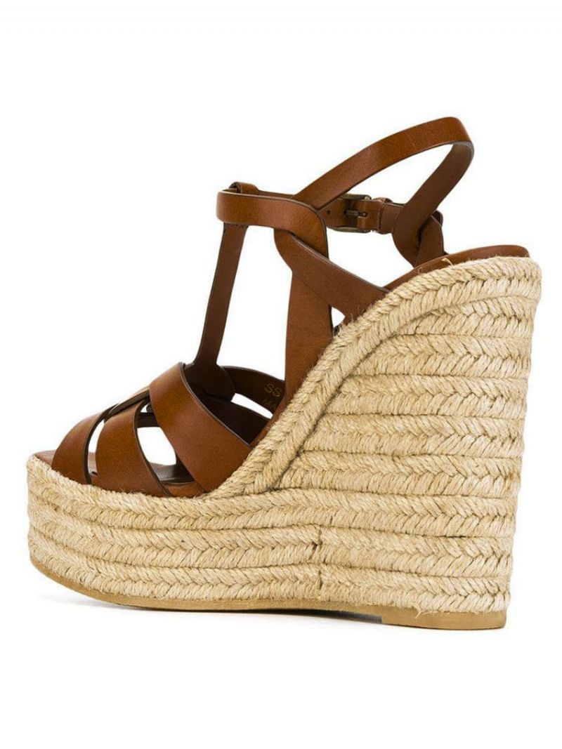 Brown Wedge Sandaler Kvinder Platform Pu Woven T Strap Sko - Kaffe Brun