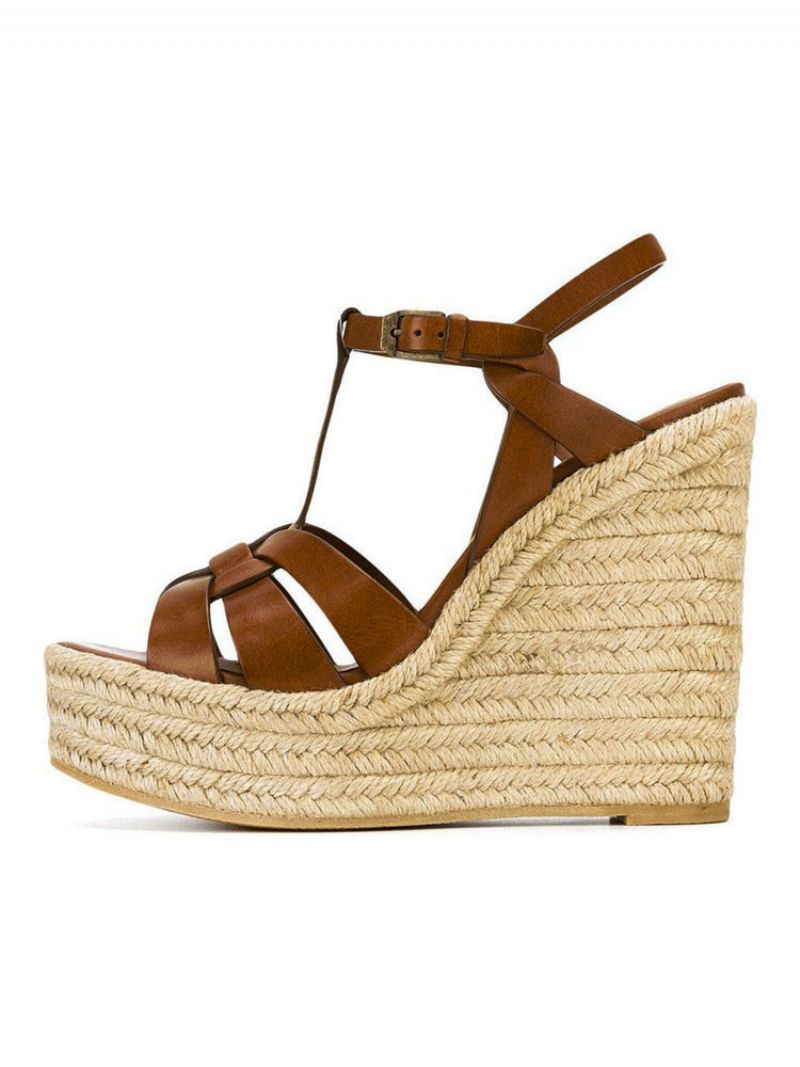 Brown Wedge Sandaler Kvinder Platform Pu Woven T Strap Sko - Kaffe Brun