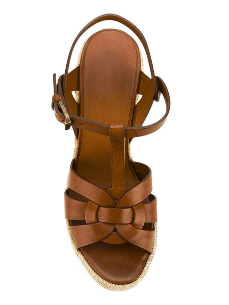 Brown Wedge Sandaler Kvinder Platform Pu Woven T Strap Sko - Kaffe Brun